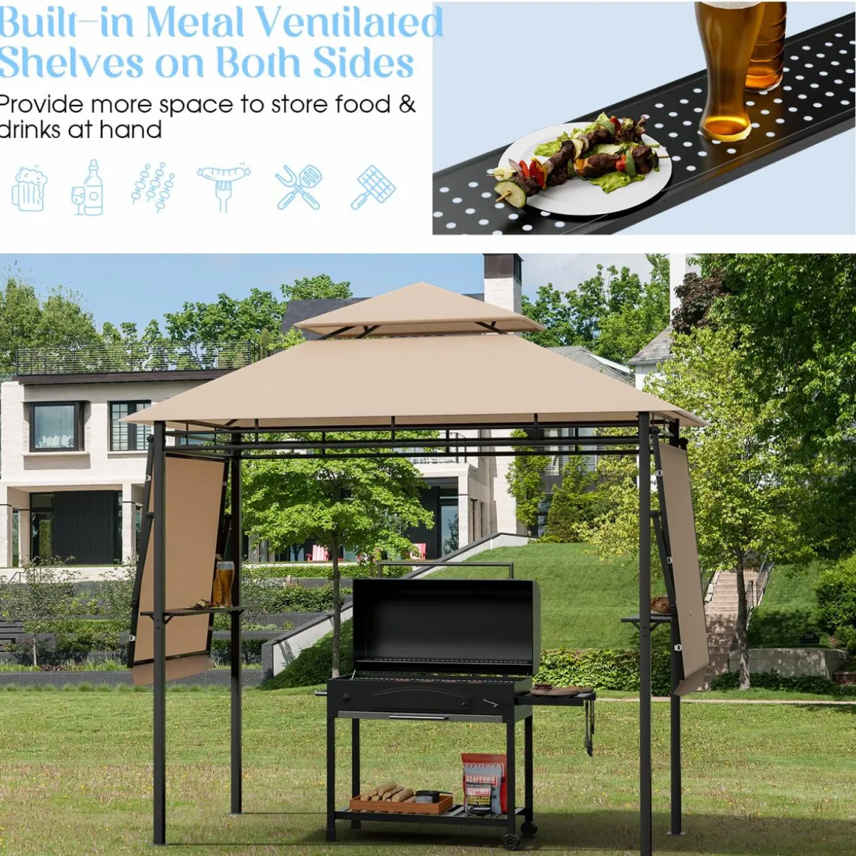 Tangkula 13.5x4 Ft Grill Gazebo with Dual Side Awnings, Double Tier BBQ Gazebo with 2 Side Shelves