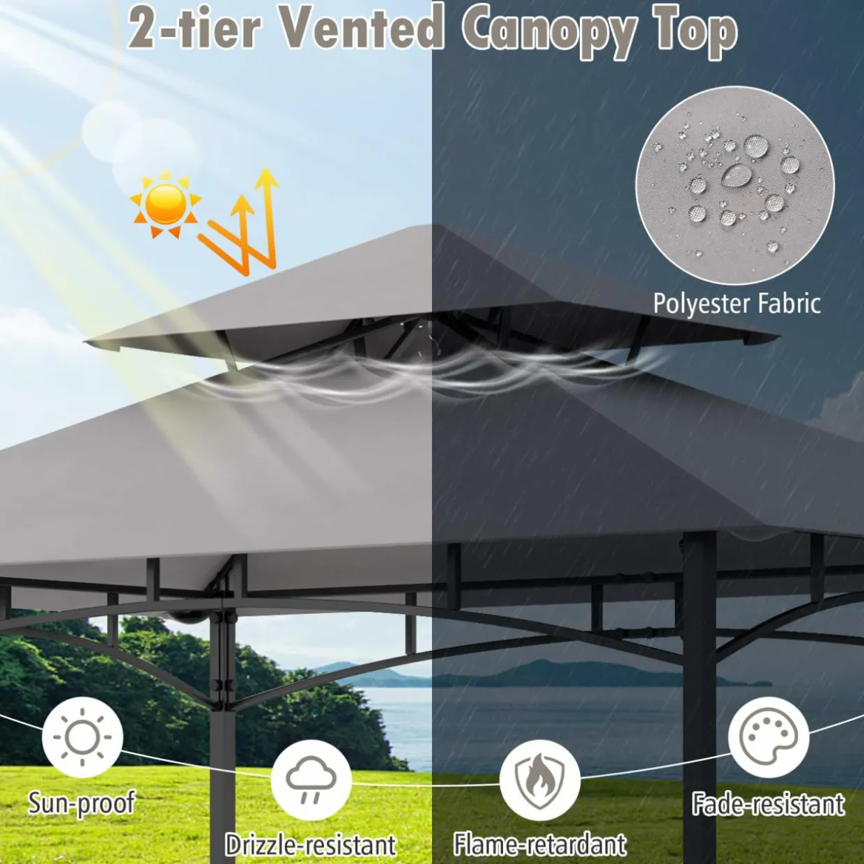 Tangkula 8x5 Ft Grill Gazebo, 2-Tier Barbecue Gazebo with 2 Shelves, 10 Hanging Hooks, Bottle Opener & Storage Basket