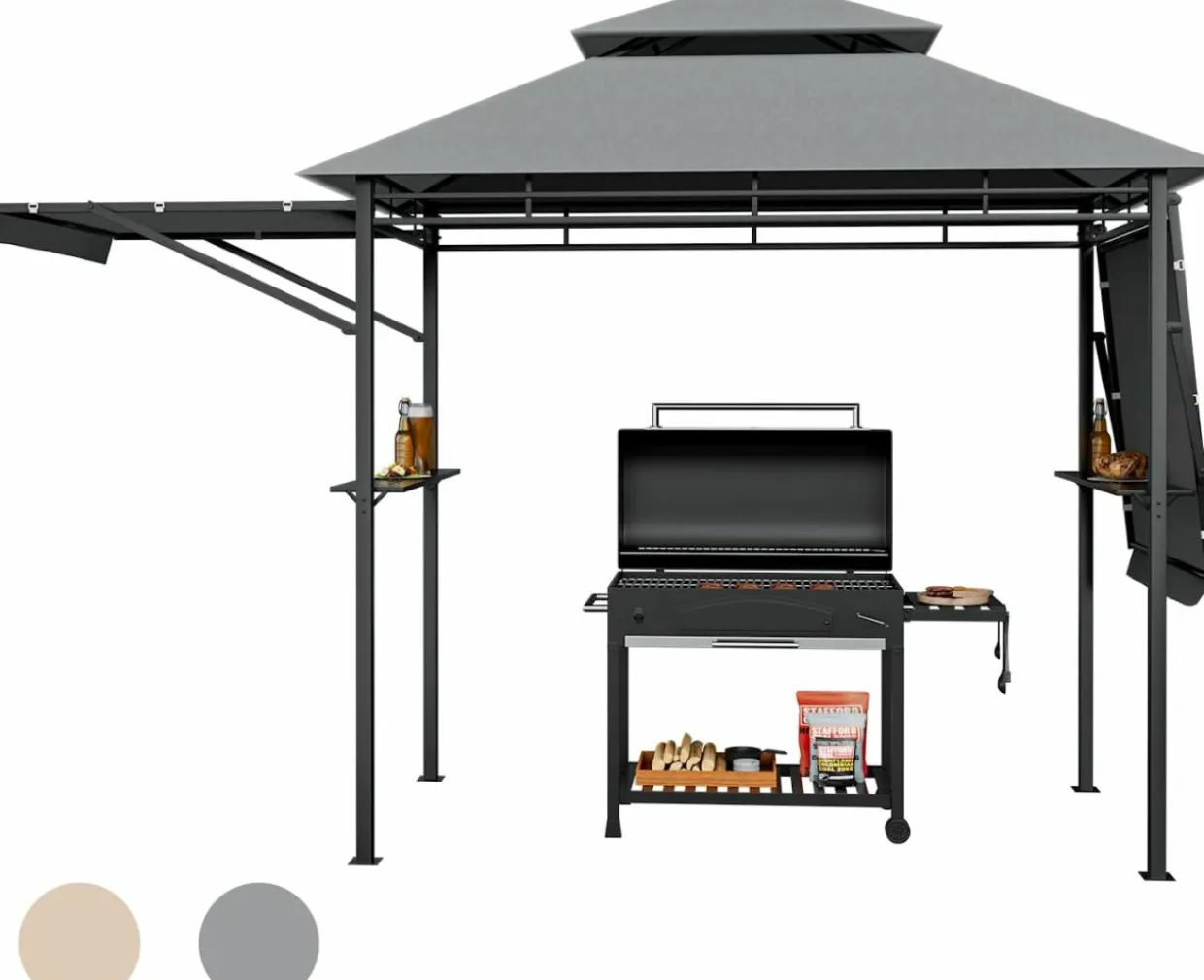 Tangkula 13.5x4 Ft Grill Gazebo with Dual Side Awnings, Double Tier BBQ Gazebo with 2 Side Shelves