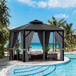 Tangkula 10x10 Ft Hardtop Gazebo, Double-Top Outdoor Gazebo with Galvanized Steel Roof
