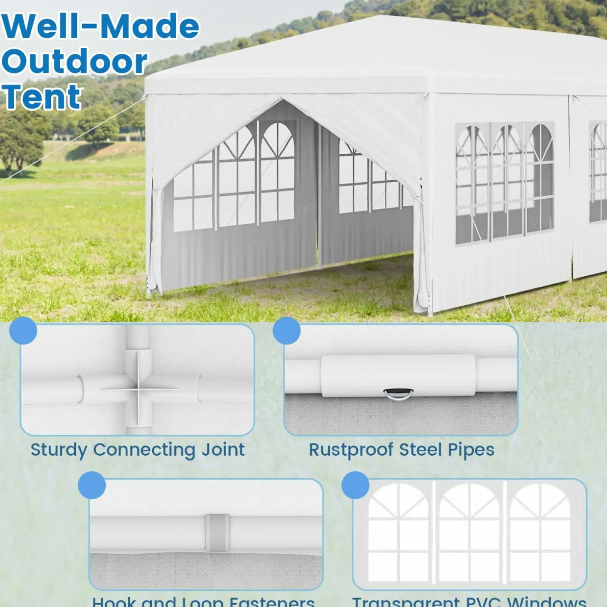 Tangkula 10x30 Ft Heavy Duty Party Tent, Large White Event Tent with 6 Sidewalls & 2 Zippered Door