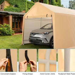 Tangkula 9x17 Ft Heavy Duty Carport, Portable Garage with Roll-up Front Door