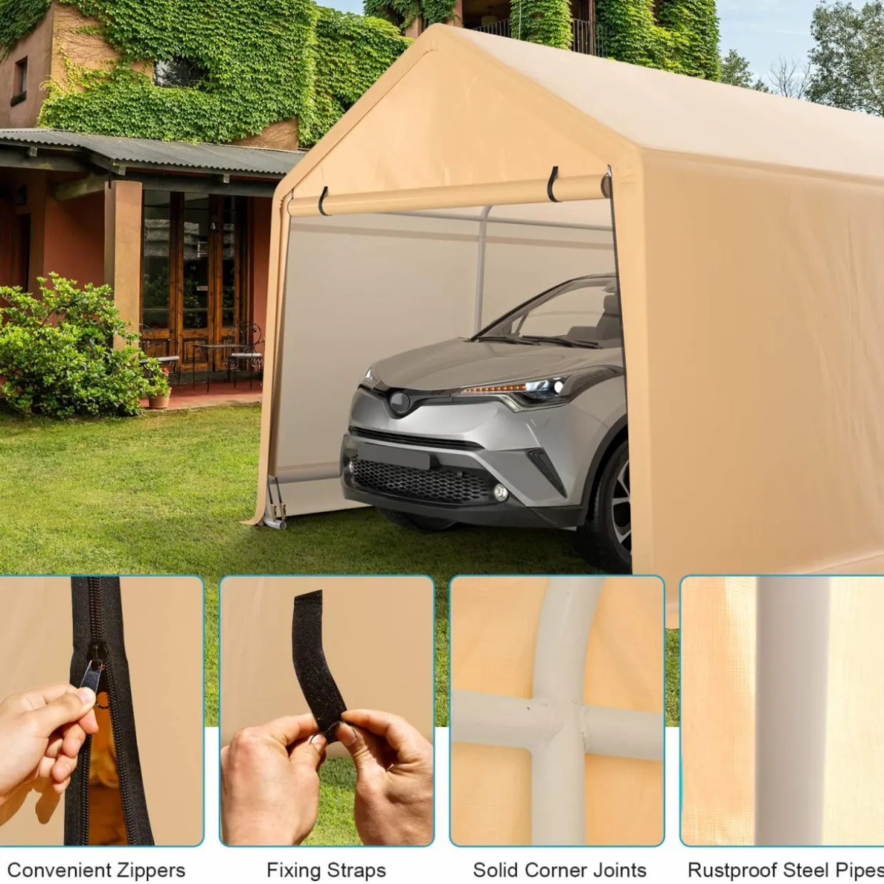 Tangkula 9x17 Ft Heavy Duty Carport, Portable Garage with Roll-up Front Door