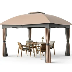 Tangkula 12x10 Ft Patio Gazebo, Double Vented Gazebo with Zippered Privacy Curtains