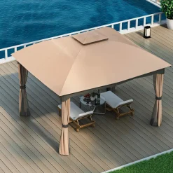 Tangkula 12x10 Ft Patio Gazebo, Double Vented Gazebo with Zippered Privacy Curtains