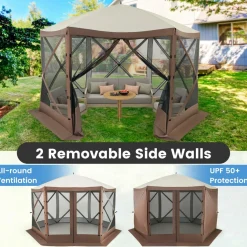 Tangkula 11.5x11.5 Ft Pop Up Gazebo with Netting, Portable Screen Tent with 6 Sided Mesh Walls
