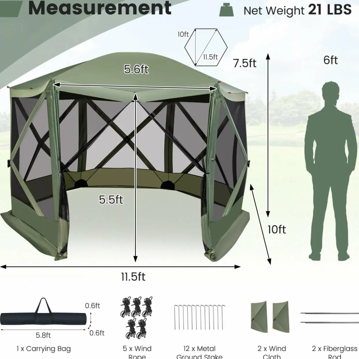 Tangkula 11.5x11.5 Ft Pop Up Gazebo with Netting, Portable Screen Tent with 6 Sided Mesh Walls