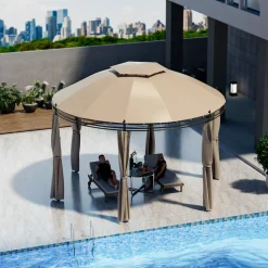 Tangkula 11.5x11.5 ft Round Patio Gazebo, 2-Tier Dome Gazebo with Removable Side Curtains