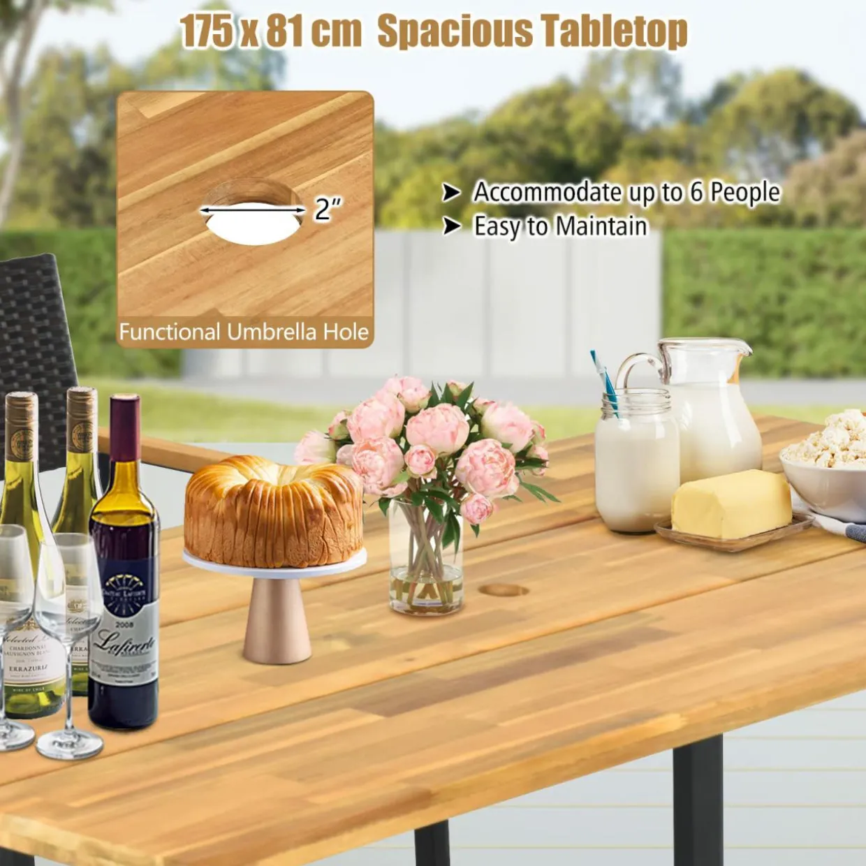 Tangkula 69"x 32"Patio Dining Table, Acacia Wood Rectangle Table with Metal Legs, 2" Umbrella Hole