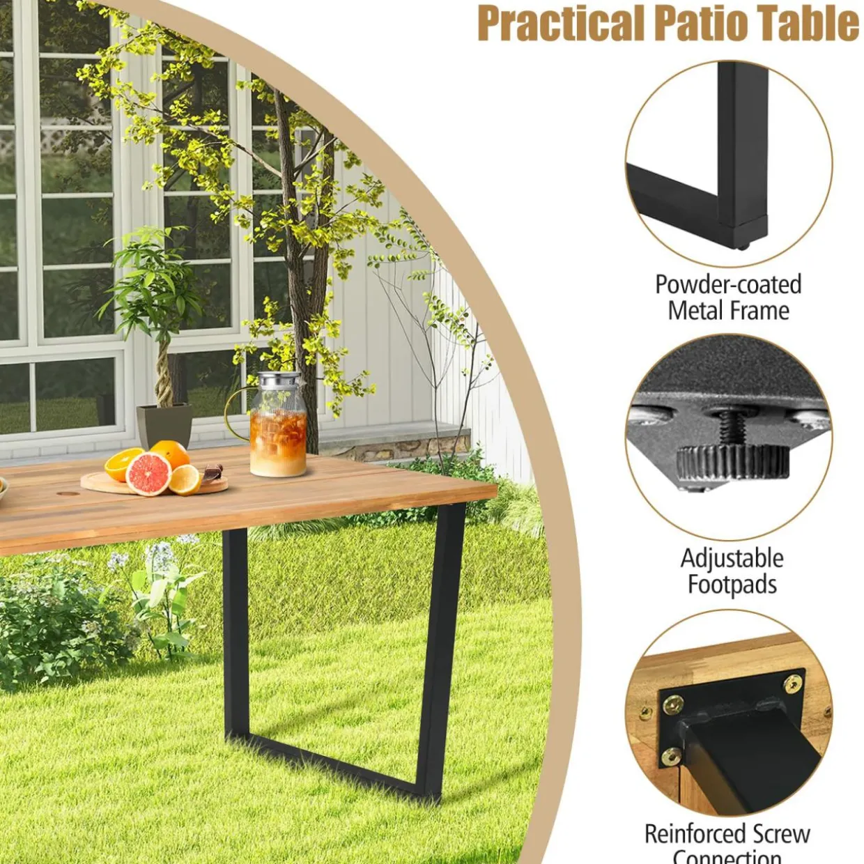 Tangkula 69"x 32"Patio Dining Table, Acacia Wood Rectangle Table with Metal Legs, 2" Umbrella Hole