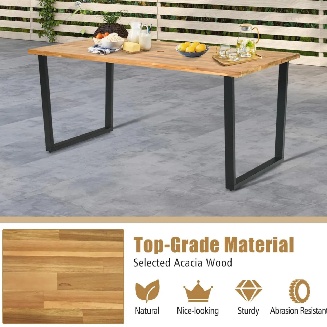 Tangkula 69"x 32"Patio Dining Table, Acacia Wood Rectangle Table with Metal Legs, 2" Umbrella Hole