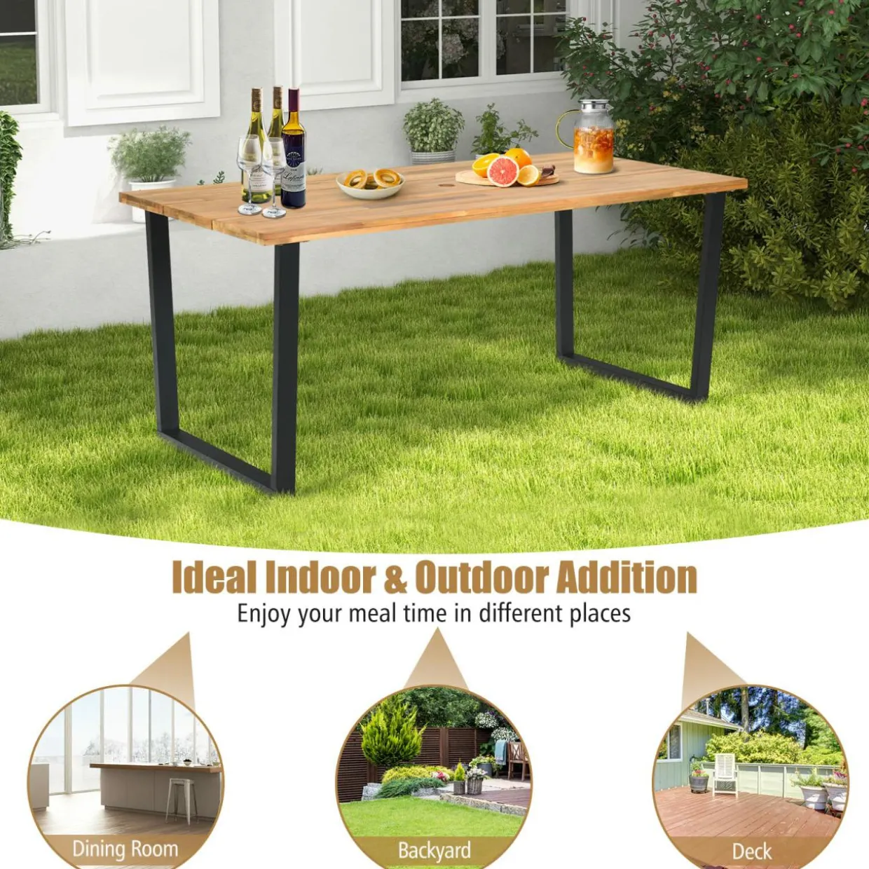 Tangkula 69"x 32"Patio Dining Table, Acacia Wood Rectangle Table with Metal Legs, 2" Umbrella Hole