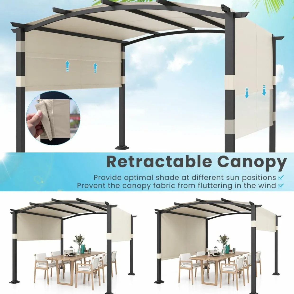 Tangkula 10x10Ft Pergola, Patio Pergola with Retractable Sun Shade Canopy, Extra Large Patio Shelter Pavilion