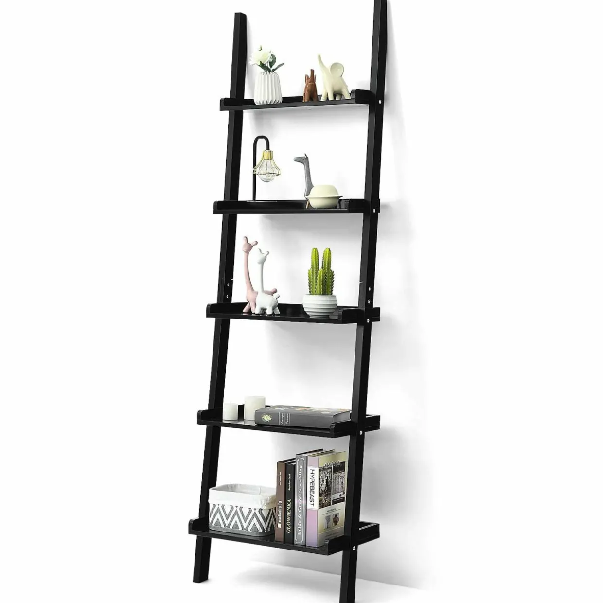 5-Tier Ladder Shelf, Wall-Leaning Bookshelf w/ Open Shelves, Plant Flower Stand