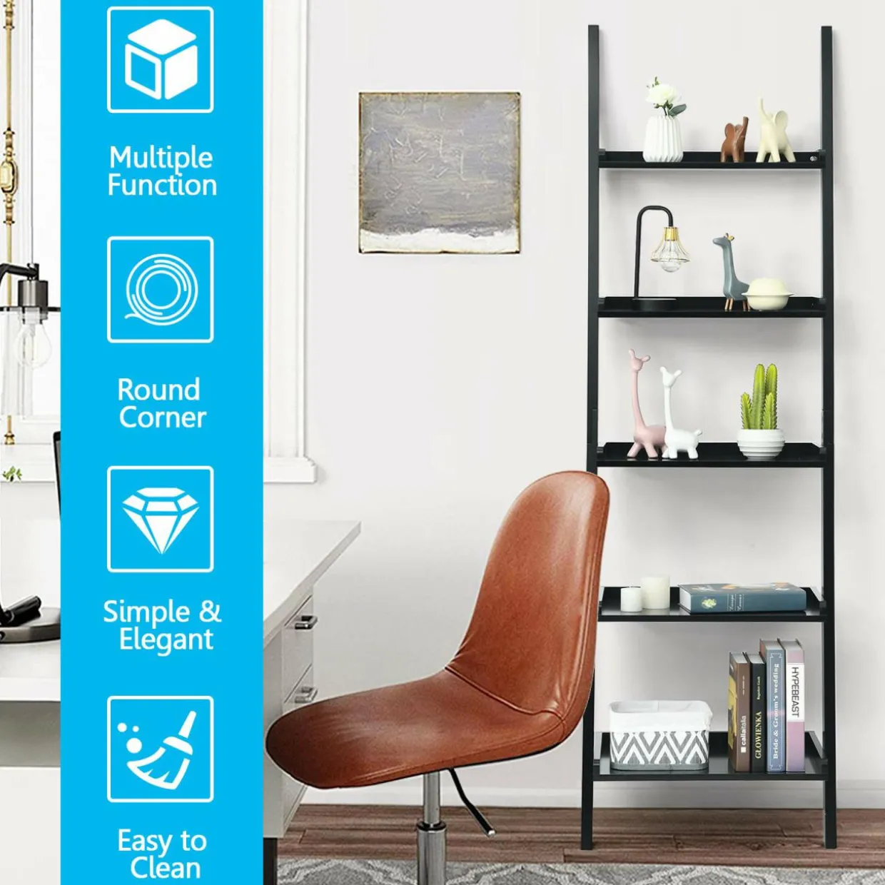 5-Tier Ladder Shelf, Wall-Leaning Bookshelf w/ Open Shelves, Plant Flower Stand
