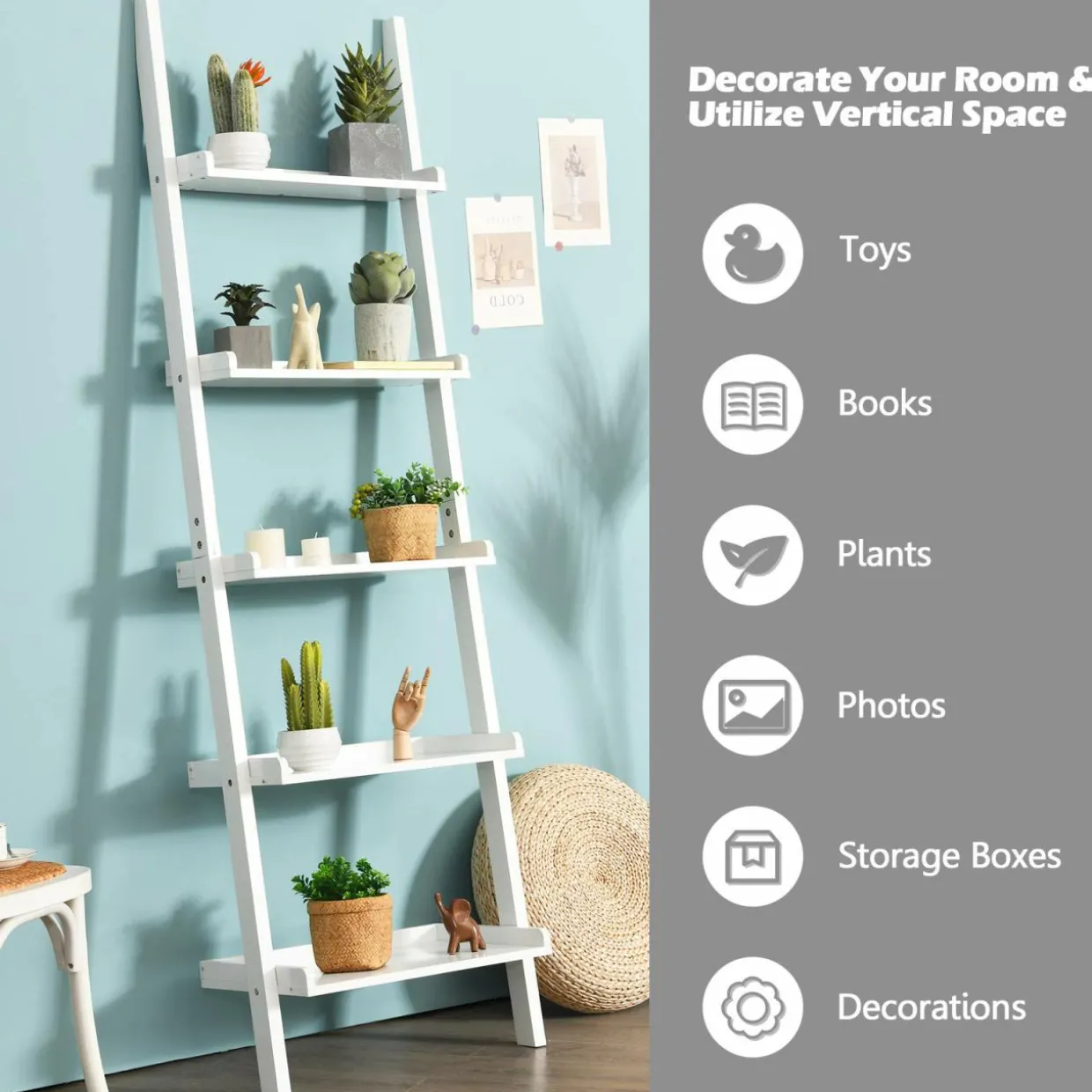 5-Tier Ladder Shelf, Wall-Leaning Bookshelf w/ Open Shelves, Plant Flower Stand