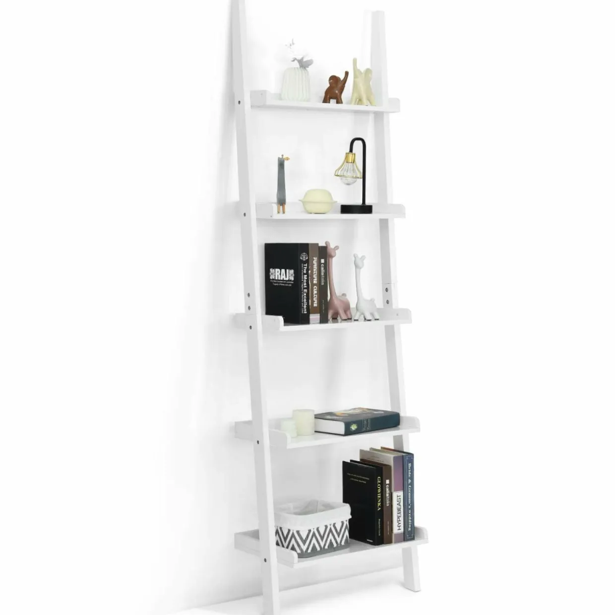 5-Tier Ladder Shelf, Wall-Leaning Bookshelf w/ Open Shelves, Plant Flower Stand