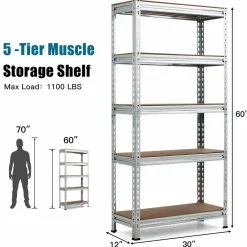5-Tier Storage Shelves, Heavy Duty Steel Frame Muscle Rack 60in Garage Shelf