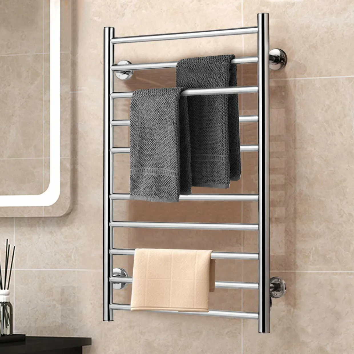 Towel Warmer, Home Bathroom 10 Bar Stainless Steel Space Saving Plug-in Wall Mounted Cloth Towel Heated Drying Rack