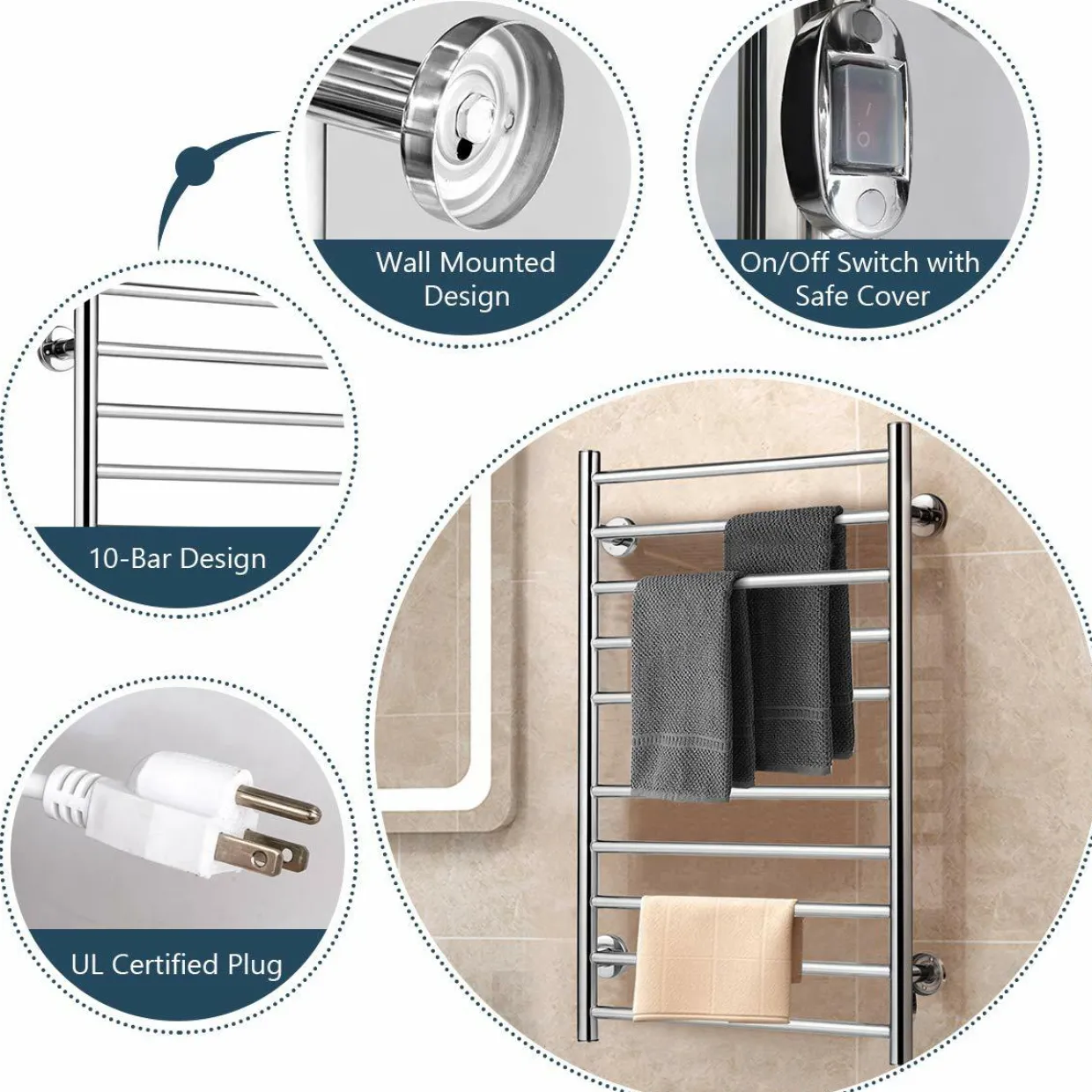 Towel Warmer, Home Bathroom 10 Bar Stainless Steel Space Saving Plug-in Wall Mounted Cloth Towel Heated Drying Rack