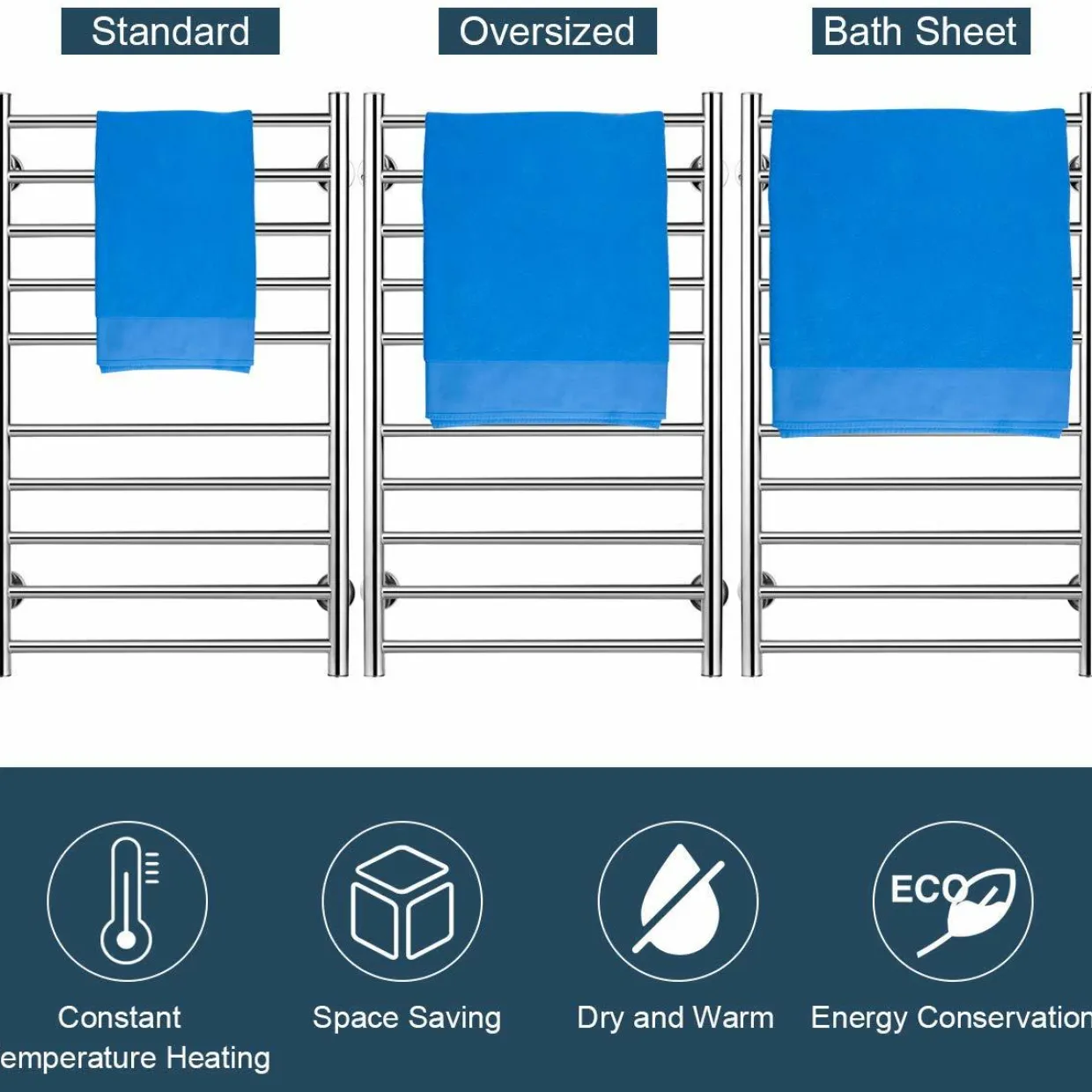 Towel Warmer, Home Bathroom 10 Bar Stainless Steel Space Saving Plug-in Wall Mounted Cloth Towel Heated Drying Rack