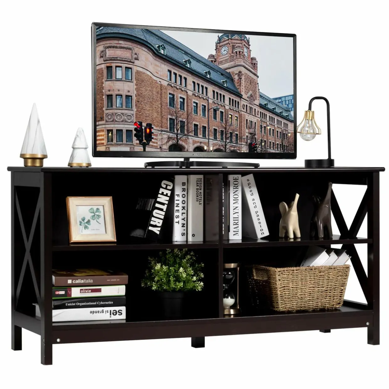 TV Stand for TVs up to 55 Inch, Farmhouse Wood Entertainment Center with X-Shaped Frame & 4 Open Storage Shelves