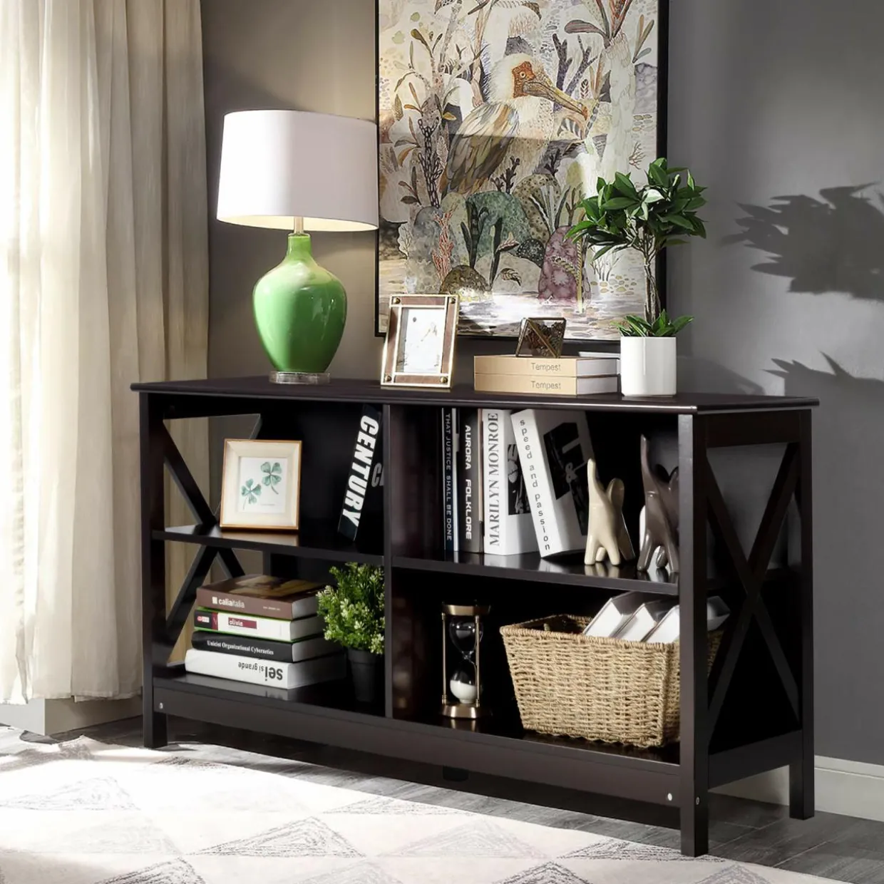 TV Stand for TVs up to 55 Inch, Farmhouse Wood Entertainment Center with X-Shaped Frame & 4 Open Storage Shelves