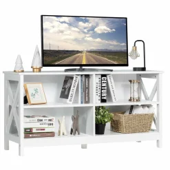 TV Stand for TVs up to 55 Inch, Farmhouse Wood Entertainment Center with X-Shaped Frame & 4 Open Storage Shelves