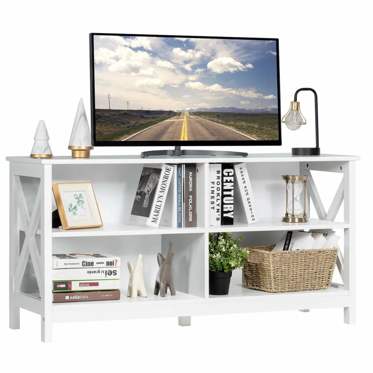 TV Stand for TVs up to 55 Inch, Farmhouse Wood Entertainment Center with X-Shaped Frame & 4 Open Storage Shelves