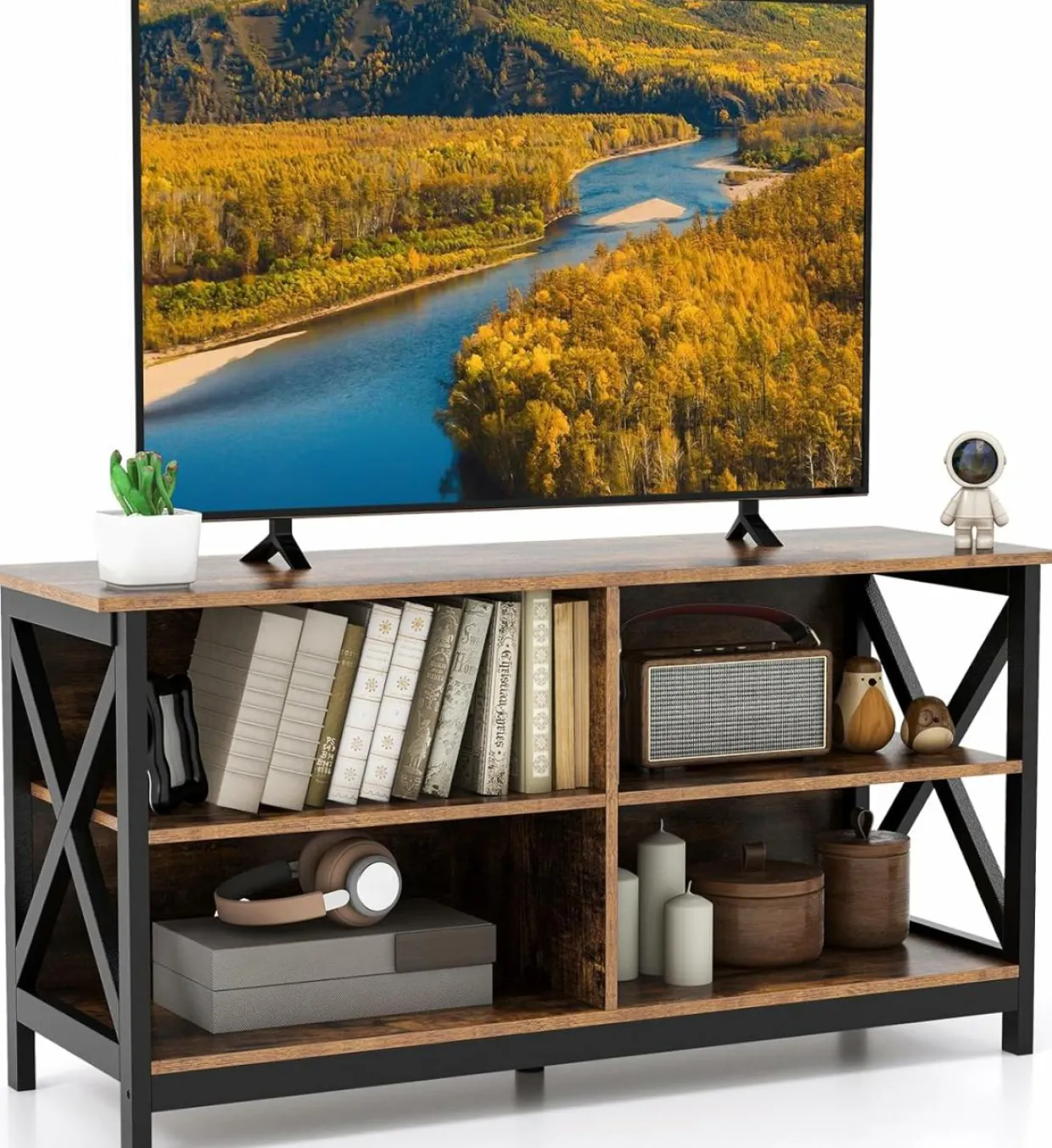 TV Stand for TVs up to 55 Inch, Farmhouse Wood Entertainment Center with X-Shaped Frame & 4 Open Storage Shelves