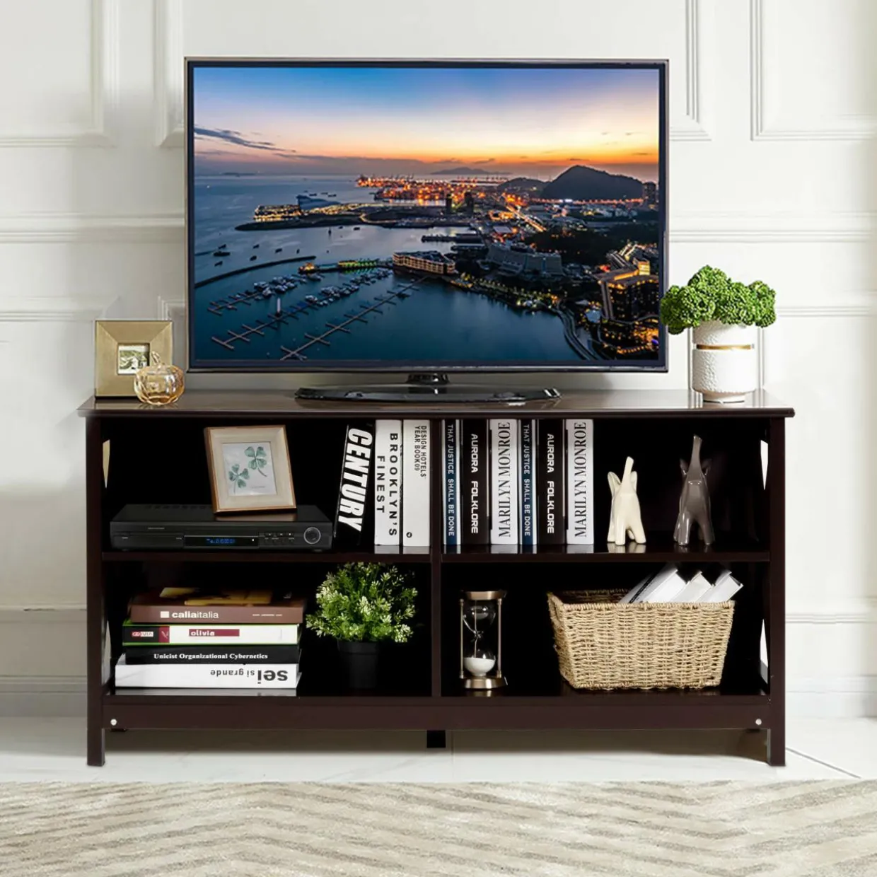 TV Stand for TVs up to 55 Inch, Farmhouse Wood Entertainment Center with X-Shaped Frame & 4 Open Storage Shelves