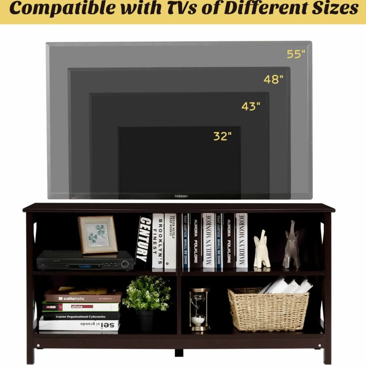 TV Stand for TVs up to 55 Inch, Farmhouse Wood Entertainment Center with X-Shaped Frame & 4 Open Storage Shelves