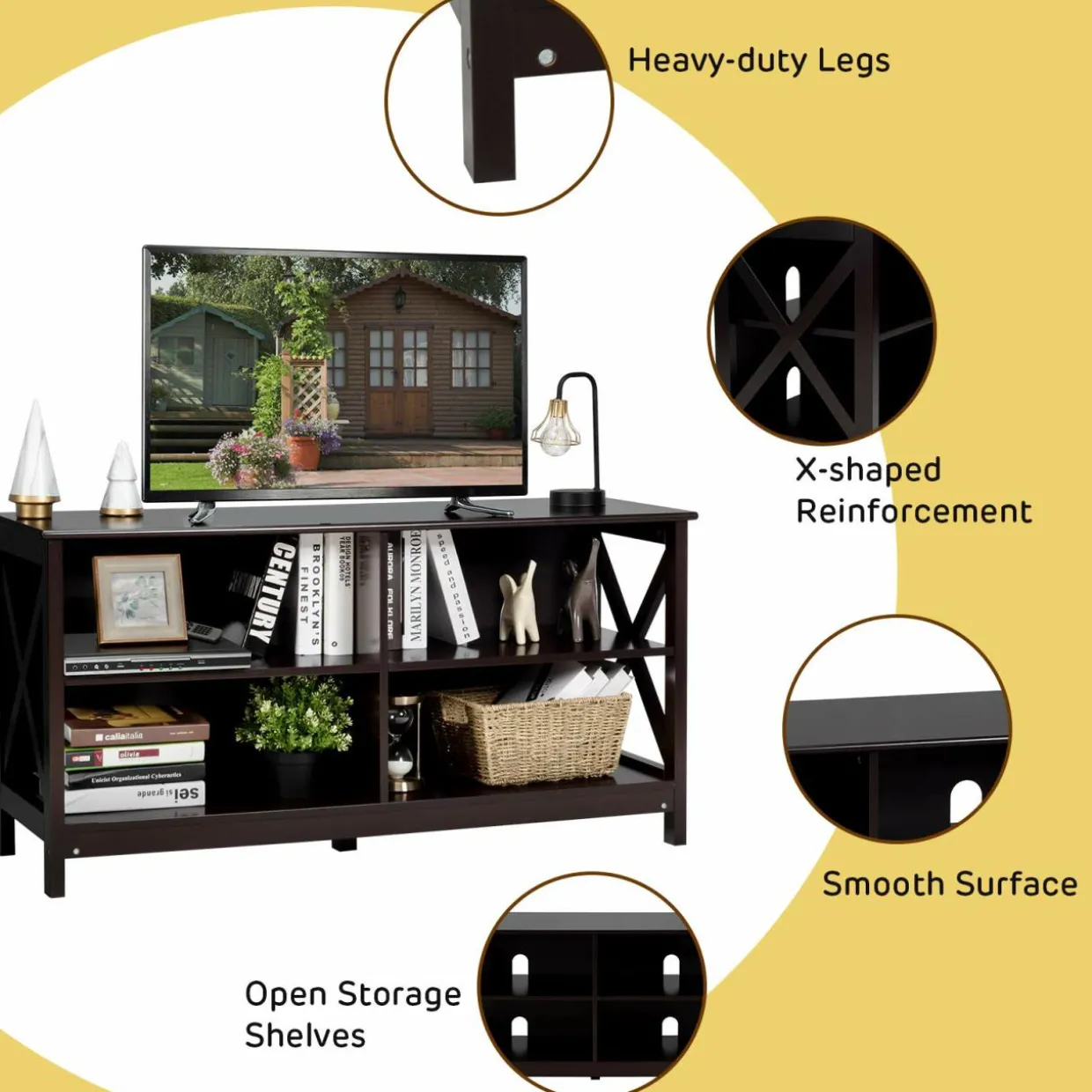 TV Stand for TVs up to 55 Inch, Farmhouse Wood Entertainment Center with X-Shaped Frame & 4 Open Storage Shelves