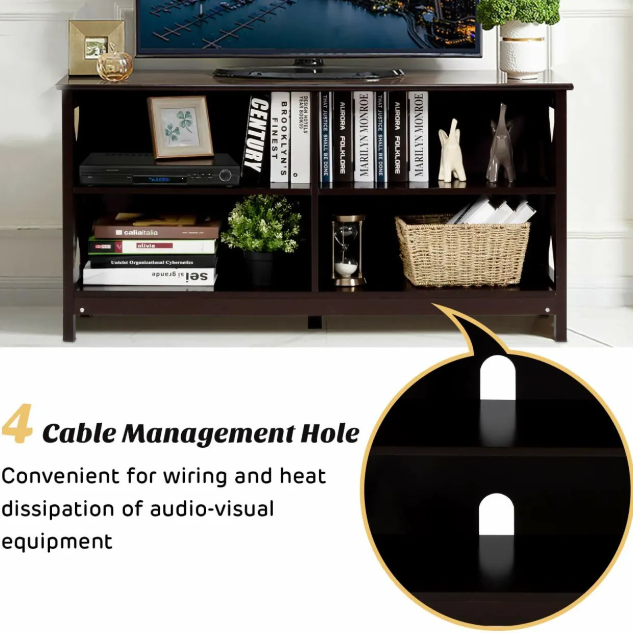 TV Stand for TVs up to 55 Inch, Farmhouse Wood Entertainment Center with X-Shaped Frame & 4 Open Storage Shelves