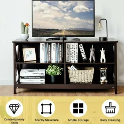 TV Stand for TVs up to 55 Inch, Farmhouse Wood Entertainment Center with X-Shaped Frame & 4 Open Storage Shelves