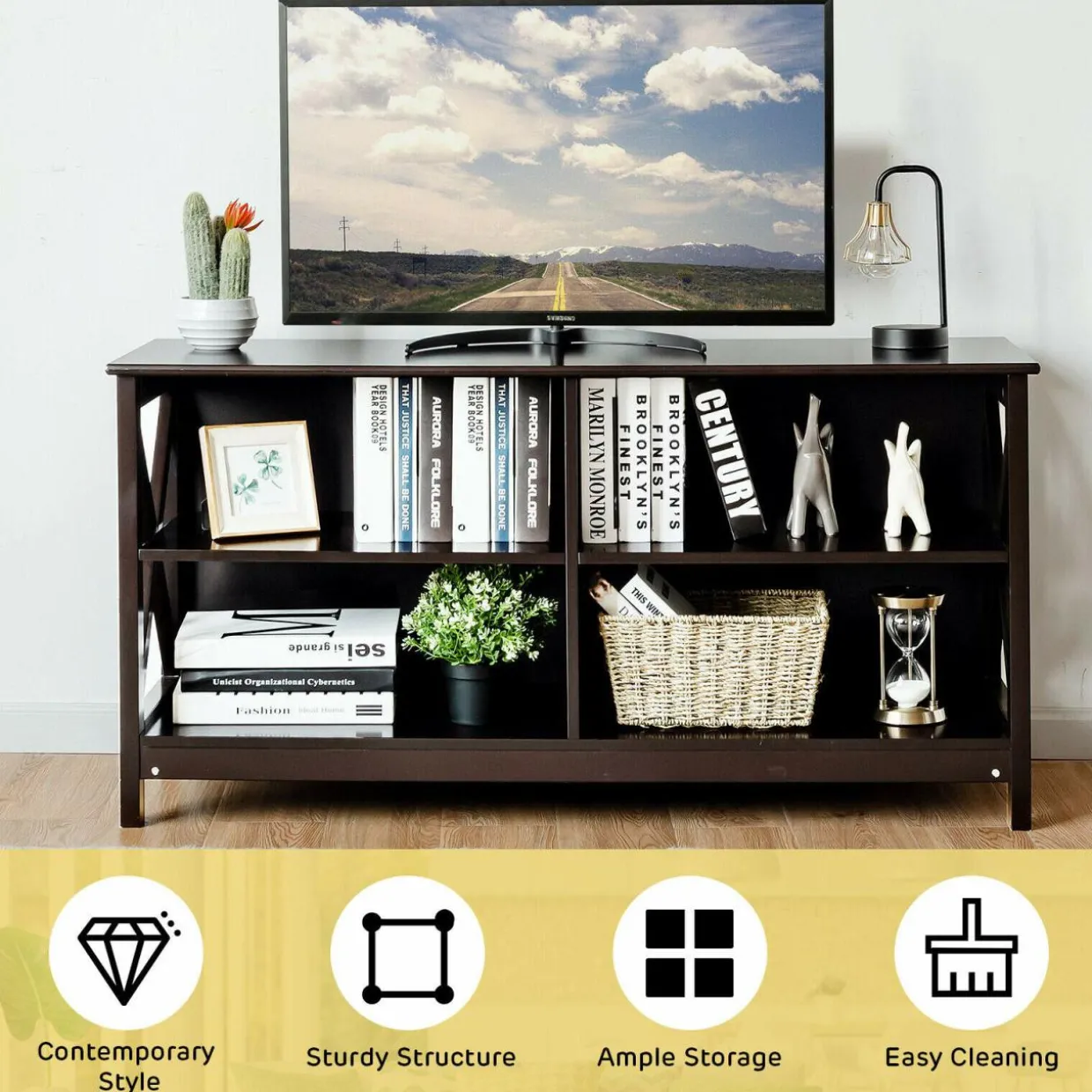 TV Stand for TVs up to 55 Inch, Farmhouse Wood Entertainment Center with X-Shaped Frame & 4 Open Storage Shelves