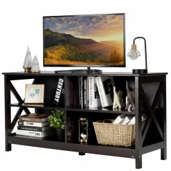 TV Stand for TVs up to 55 Inch, Farmhouse Wood Entertainment Center with X-Shaped Frame & 4 Open Storage Shelves