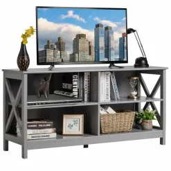 TV Stand for TVs up to 55 Inch, Farmhouse Wood Entertainment Center with X-Shaped Frame & 4 Open Storage Shelves