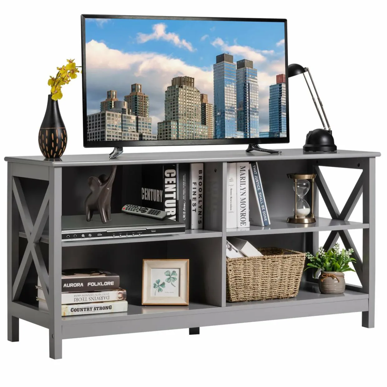 TV Stand for TVs up to 55 Inch, Farmhouse Wood Entertainment Center with X-Shaped Frame & 4 Open Storage Shelves