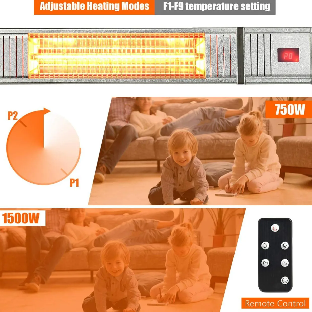 1500W Wall Mount Patio Heater, Indoor/Outdoor Infrared Heater w/ Remote Control