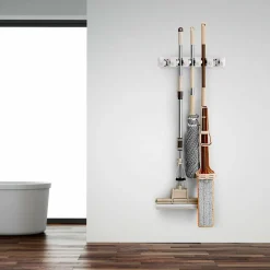 Wall Mount Mop Broom Holder, Hanging Broom Organizer w/ 5 Slots & 6 Hooks