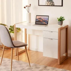 White Computer Desk with Drawer & Cabinet, Wooden Home Office Desk