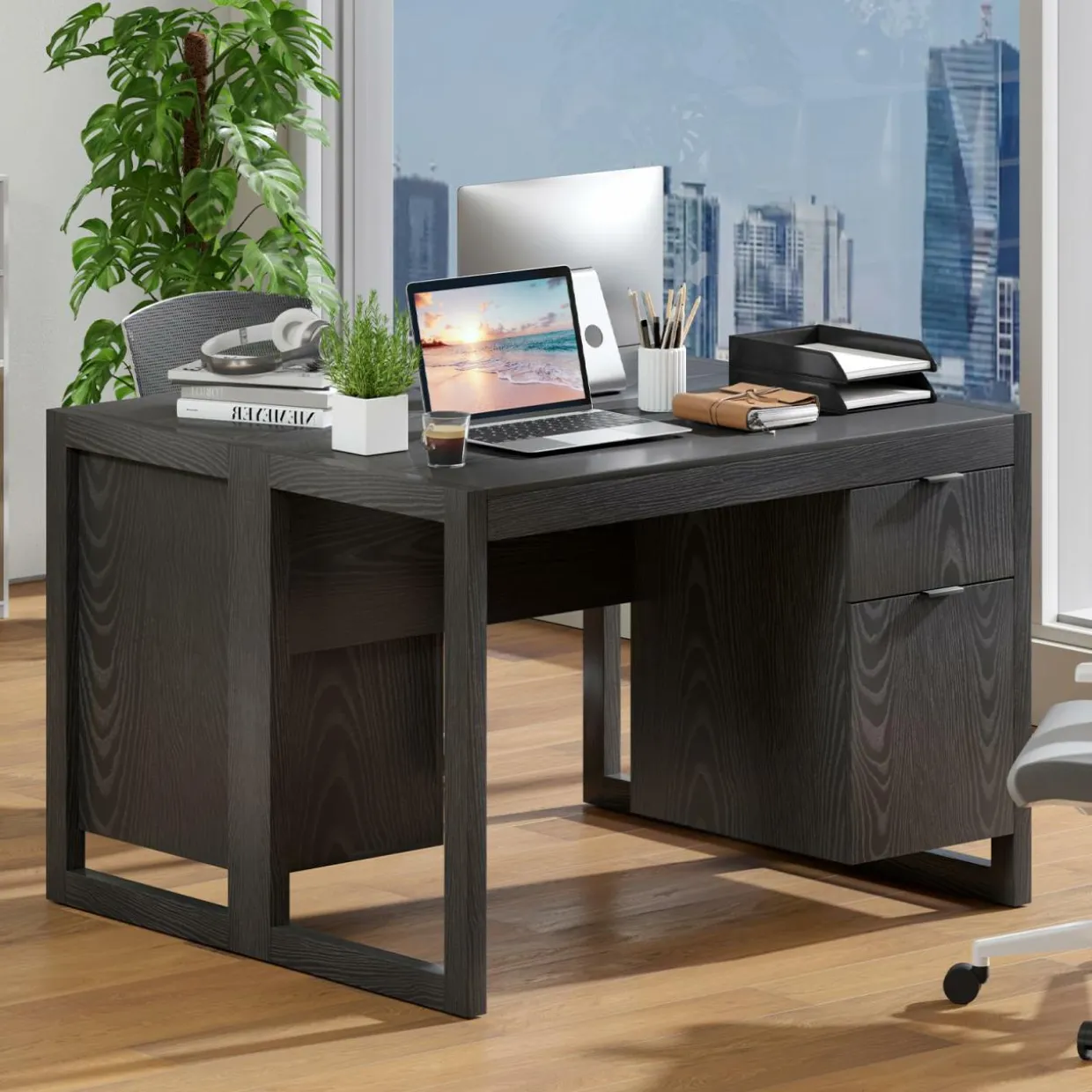 White Computer Desk with Drawer & Cabinet, Wooden Home Office Desk