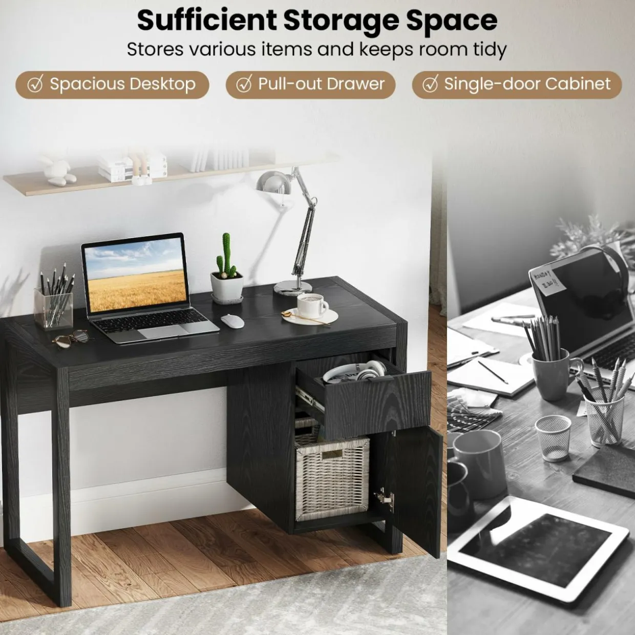 White Computer Desk with Drawer & Cabinet, Wooden Home Office Desk