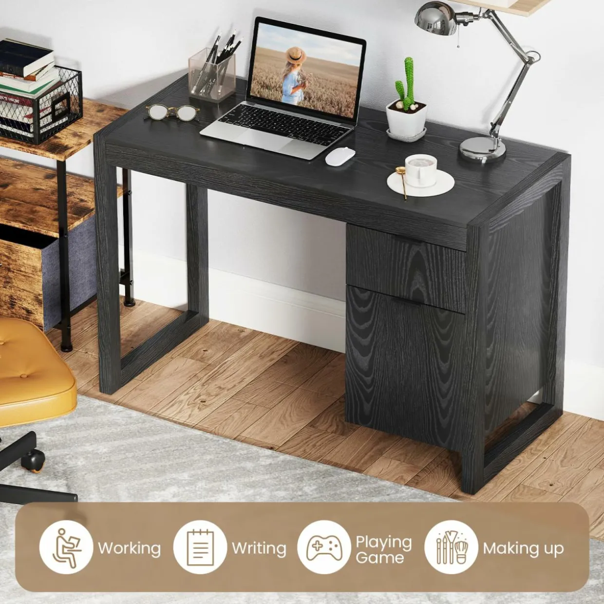 White Computer Desk with Drawer & Cabinet, Wooden Home Office Desk
