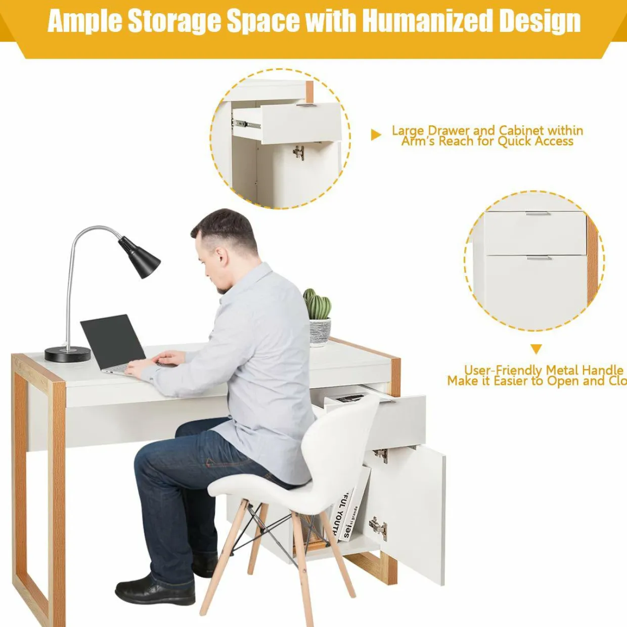 White Computer Desk with Drawer & Cabinet, Wooden Home Office Desk