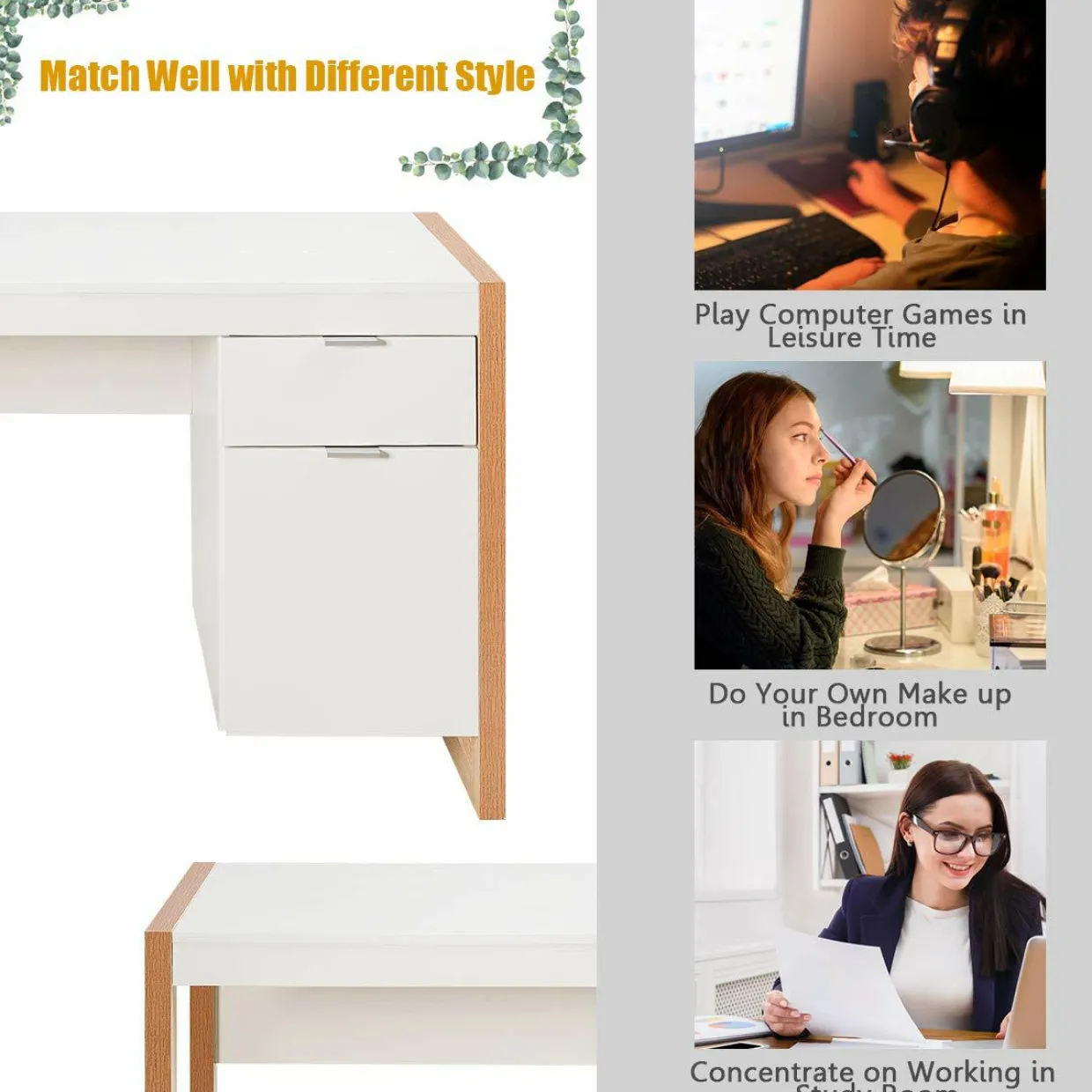 White Computer Desk with Drawer & Cabinet, Wooden Home Office Desk