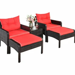 Wicker Furniture Set 5 Pieces PE Wicker Rattan Outdoor All Weather Cushioned Sofas and Ottoman Set