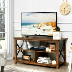 Wood TV Stand with Open Shelves and X-Shaped Frame, 3 Tier Entertainment Center for 55-Inch TV