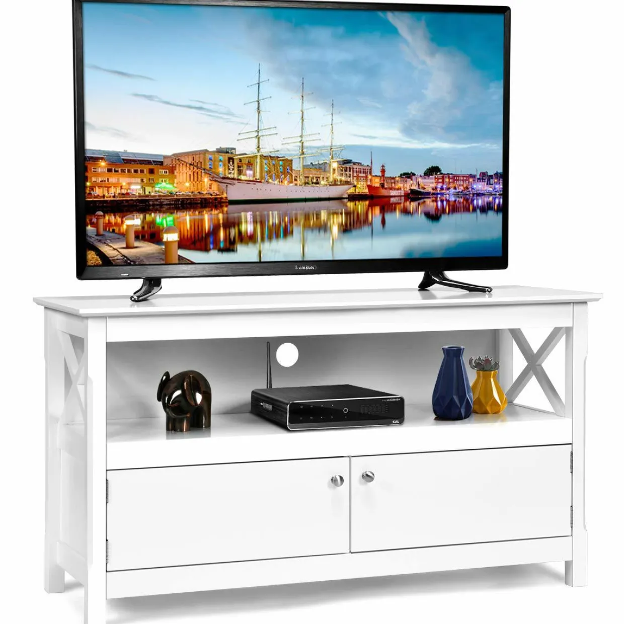 Wooden TV Stand for TVs Up to 50 Inch, X Shape Console Storage Cabinet
